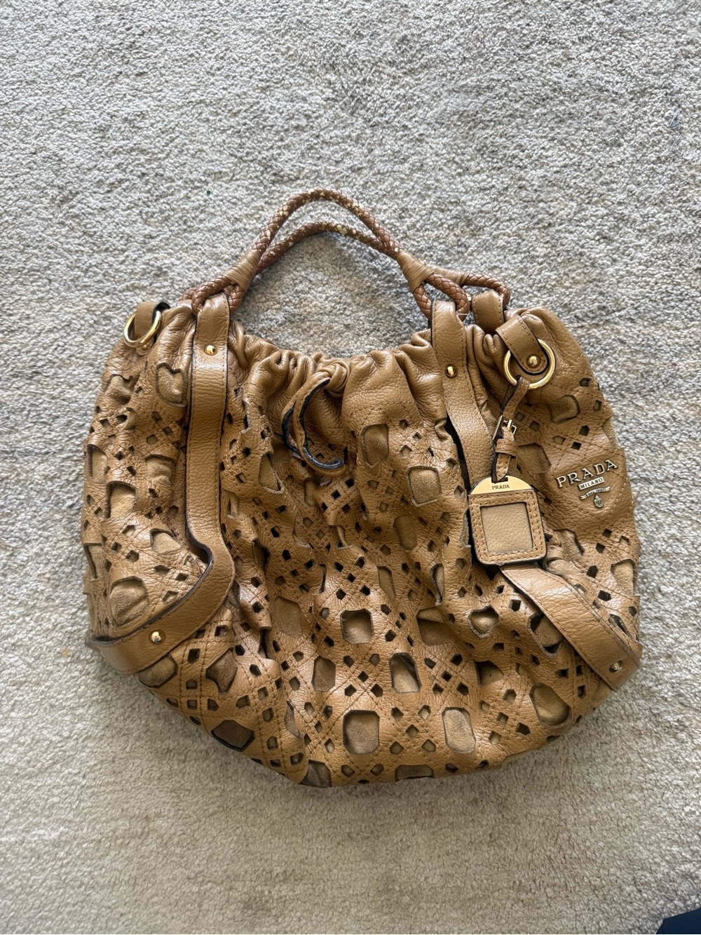 Prada Tan Cutout Leather Hobo Bag